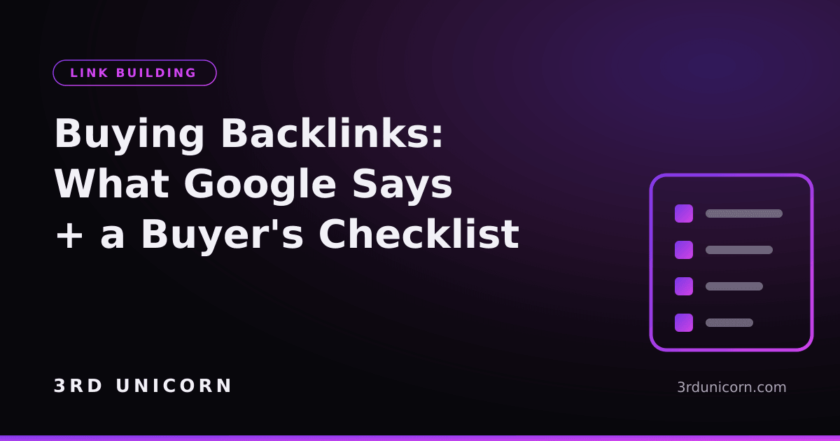 Branded graphic: buying backlinks — what Google says and a buyer's checklist